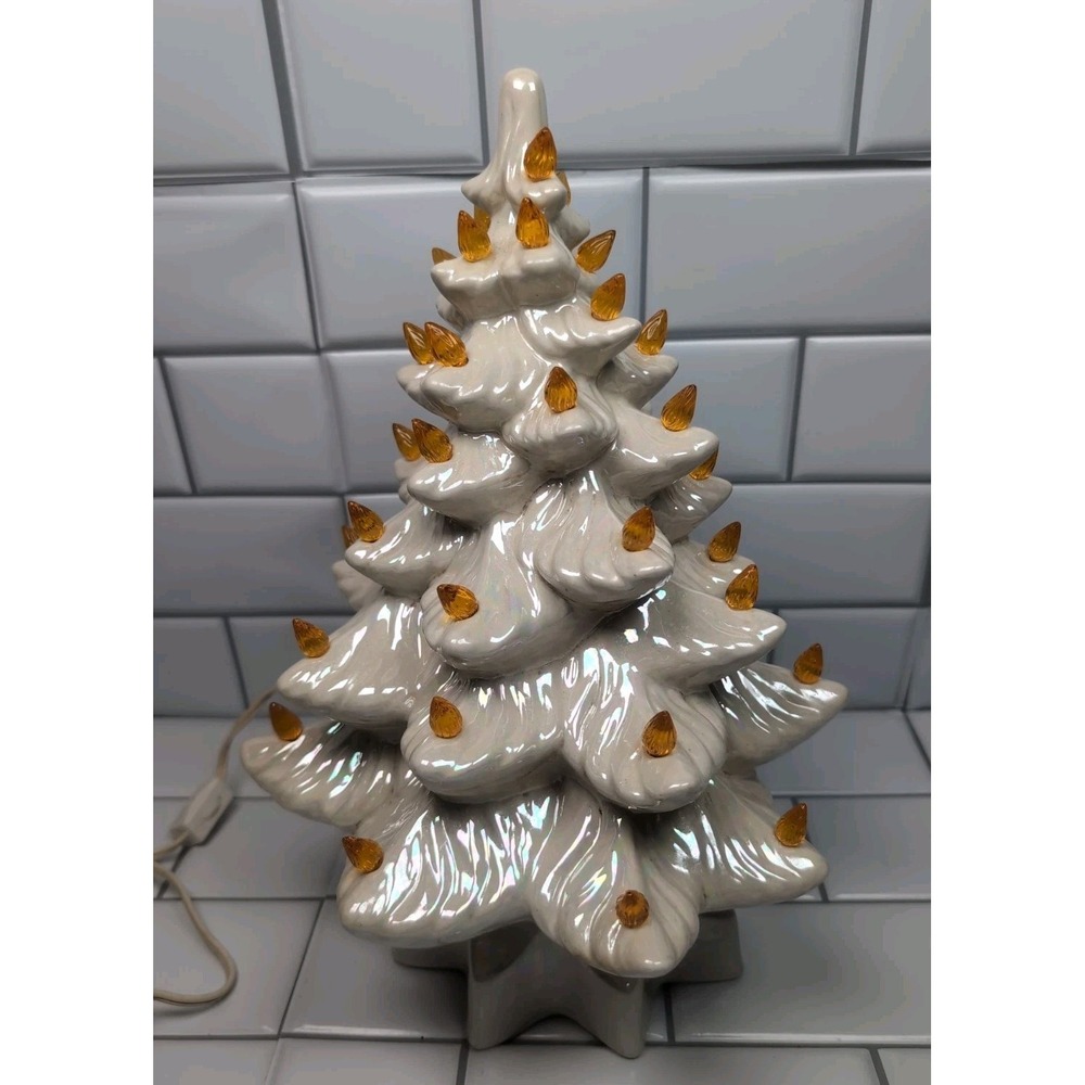 13" Vintage Ceramic Lighted Christmas Tree Lusterware White W/Gold  Bulbs - Picture 3 of 16
